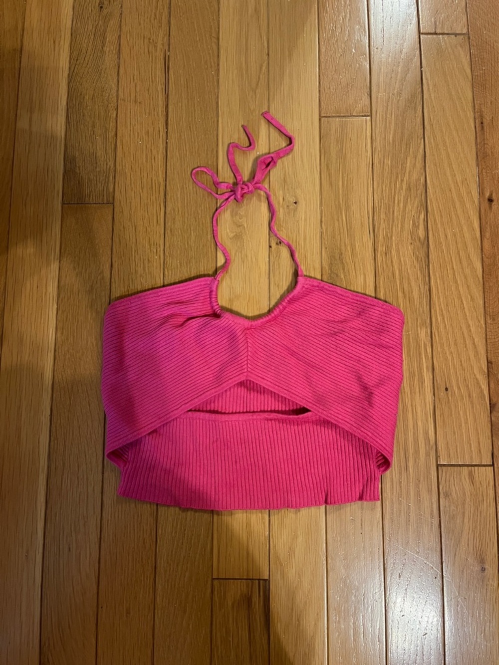 Garage pink cropped halter top with front cutout detail